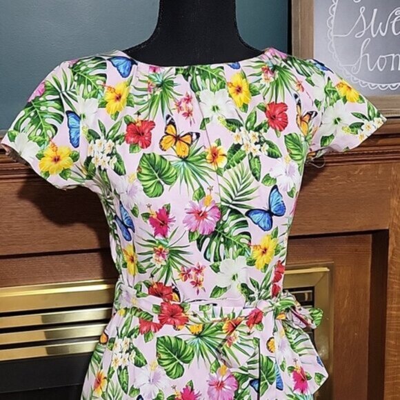 Lady Vintage Dress Butterfly Monstera Leaf Flower Print Cotton Sash Belt Size Sm - Picture 2 of 10